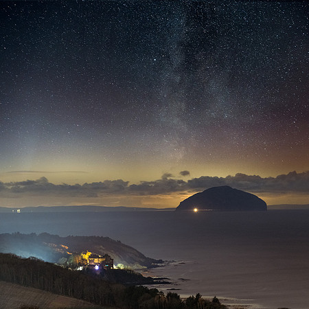 The night sky over Culzean castle and Ailsa Craig.