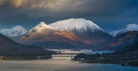 Evening light on the Pap of Glencoe and the Ballachulish Bridge.