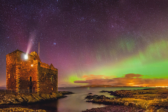 Northern Lights over Portencross Castle